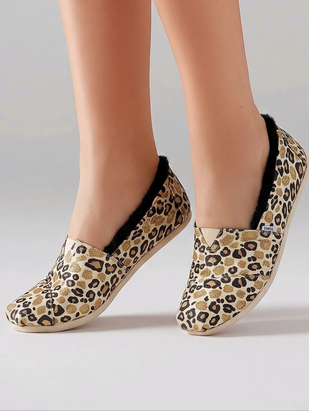 Toms Alpargata Faux Fur Lined Natural Glitter Cheetah Print Shoes Size 7.5